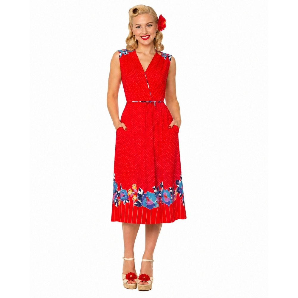 Vintage Hawaiian Polka Dot Floral Print Wrap Style Midi 80s Dress Red Small